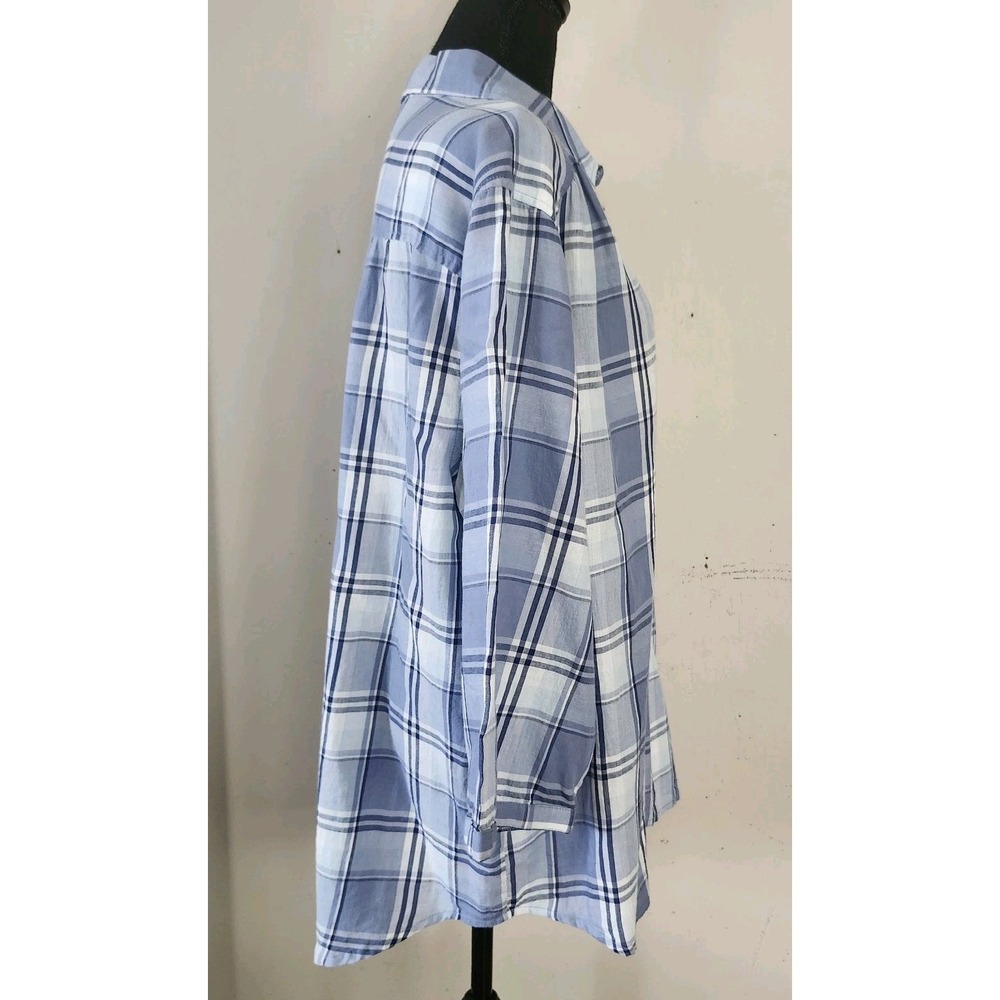 Preswick & Moore Womens 3X Blue White Plaid 3/4 Sl Cotton Button Shirt Top - Picture 2 of 4